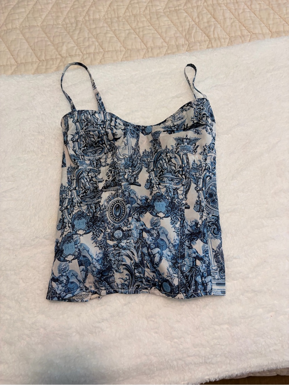 Blue and White Printed Satin Cami Top